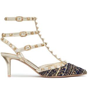 Valentino Rockstud Studded Tweed Metallic T Strap  Pump Heels Sandal Shoes
